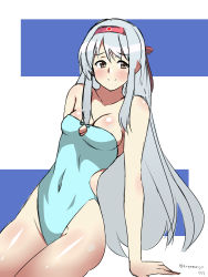 Rule 34 | 10s, 1girl, aqua one-piece swimsuit, arm support, bare legs, bare shoulders, blush, breasts, brown eyes, cleavage, collarbone, covered navel, female focus, hairband, headband, highleg, highleg swimsuit, highres, kagemusha, kantai collection, legs, leotard, long hair, looking at viewer, one-piece swimsuit, shiny skin, shoukaku (kancolle), simple background, sitting, smile, solo, strapless, strapless one-piece swimsuit, swimsuit, white hair