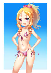 Rule 34 | 10s, 1girl, absurdres, bare arms, bare legs, bikini, blonde hair, blush, bow, breasts, collarbone, drill hair, eromanga sensei, female focus, gluteal fold, gradient background, hair bow, high ponytail, highres, looking at viewer, navel, nekosama shugyouchuu, open mouth, outside border, pointy ears, ponytail, round teeth, side-tie bikini bottom, small breasts, solo, standing, swimsuit, teeth, twin drills, yamada elf