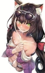 Rule 34 | 1girl, akieda, animal ear fluff, animal ears, black hair, blush, bow, breasts, cat ears, cat girl, cat tail, clothes pull, covering breasts, covering crotch, covering privates, eyewear on head, fang, green eyes, hair bow, highres, jacket, karyl (princess connect!), karyl (summer) (princess connect!), long hair, low twintails, medium breasts, multicolored hair, open mouth, princess connect!, shorts, shorts pull, simple background, solo, streaked hair, sunglasses, sweat, tail, thigh strap, twintails, underboob, white background, white hair, white shorts