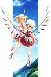 Rule 34 | 2girls, blonde hair, bobby socks, cloud, day, closed eyes, fairy wings, fang, female focus, flandre scarlet, flying, from behind, holding hands, hat, maid headdress, mary janes, matsutani, multiple girls, shoes, short hair, side ponytail, sky, smile, socks, sunny milk, touhou, twintails, white legwear, wings