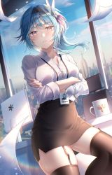 Rule 34 | 1girl, absurdres, blouse, blue hair, blush, breasts, commentary request, contemporary, crossed arms, eula (genshin impact), genshin impact, hair between eyes, hair ornament, hairband, highres, id card, lisa 78, looking at viewer, office lady, paper, shirt, side ponytail, skirt, sky, thighhighs, thighs, white shirt, yellow eyes