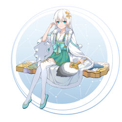 Rule 34 | 1girl, absurdres, alternate hairstyle, blue eyes, blue shorts, cape, chen clear, china dress, chinese clothes, closed mouth, dress, earrings, floating, full body, guzheng, hair between eyes, hair ornament, hand fan, highres, holding, holding fan, honkai (series), honkai impact 3rd, jewelry, looking at viewer, shorts, single earring, sitting, smile, solo, star (sky), theresa apocalypse, zhuge kongming (honkai impact), thighhighs, white background, white cape, white hair, white thighhighs, zhuge kongming (honkai impact)