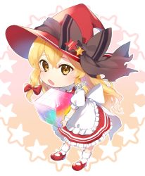 Rule 34 | 1girl, apron, artist name, black bow, blonde hair, bow, cube, dress, gradient background, hair between eyes, hair bow, hat, hat bow, highres, holding, jill 07km, kirisame marisa, kirisame marisa (witch of scarlet dreams), long hair, looking at viewer, open mouth, pink background, puffy short sleeves, puffy sleeves, red bow, red dress, red footwear, red hat, shoes, short sleeves, socks, solo, standing, star (symbol), starry background, touhou, touhou lostword, white apron, white background, white bow, white sleeves, white socks, witch hat, wrist cuffs, yellow background, yellow eyes