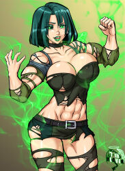 Rule 34 | 1girl, 7th-heaven, abs, breasts, choker, cleavage, ear piercing, earrings, eyeshadow, female focus, glowing, glowing eyes, goth fashion, green eyes, green hair, gwen (total drama), highres, jewelry, large breasts, licking lips, lipstick, makeup, matching hair/eyes, midriff, muscular, muscular female, piercing, radioactive, short hair, skirt, solo, thighhighs, tongue, tongue out, torn clothes, total drama