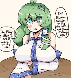 Rule 34 | 1girl, blue eyes, blush, breast rest, breasts, detached sleeves, english text, frog hair ornament, green eyes, green hair, hair ornament, hair tubes, kochiya sanae, large breasts, long hair, looking at viewer, meme, mountain of faith, notnoe (dxcl), open mouth, retro games sanae (meme), shirt, single hair tube, single sidelock, snake, snake hair ornament, solo, speech bubble, touhou