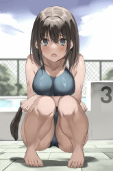 Rule 34 | 1girl, barefoot, black hair, blue eyes, blush, breasts, chain-link fence, collarbone, commentary request, feet, fence, hair between eyes, hat, highres, holding, holding clothes, holding hat, kureha (ironika), looking at viewer, medium breasts, one-piece swimsuit, open mouth, original, outdoors, poolside, solo, squatting, swim cap, swimsuit, toes, tsubasa (kureha), unworn swim cap, v-shaped eyebrows, wet