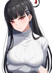 Rule 34 | 1girl, black hair, blue archive, blush, bralines, breasts, hair ornament, hairclip, halo, highres, hime cut, long hair, looking at viewer, mono (user xxxx3247), red eyes, ribbed sweater, ringed eyes, rio (blue archive), simple background, solo, sweater, turtleneck, turtleneck sweater, variant set, white background