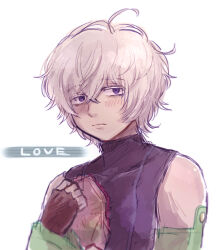 Rule 34 | 1boy, bags under eyes, bare shoulders, chiimako, detached sleeves, english text, expressionless, fingerless gloves, gloves, gnosia, grey eyes, grey hair, hair between eyes, looking at viewer, remnan (gnosia), short hair, simple background, sleeveless, solo, upper body