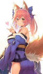 Rule 34 | 1girl, animal ears, blue dress, blue ribbon, blush, commentary, dress, fate/extra, fate (series), fox ears, fox shadow puppet, fox tail, from behind, hair ribbon, heart, highres, japanese clothes, looking at viewer, looking back, orange eyes, orange hair, pelvic curtain, ponytail, ribbon, smile, solo, sumisu (mondo), tail, tamamo (fate), tamamo no mae (fate/extra), wide sleeves