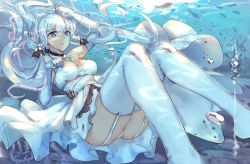 Rule 34 | 1girl, absurdres, anchor, ass, azur lane, bare shoulders, breasts, cleavage, detached collar, dress, elbow gloves, garter straps, gloves, highres, illustrious (azur lane), long hair, low twintails, medium breasts, mou zhi pingguo, panties, revision, sash, solo, strapless, strapless dress, thighhighs, thighs, twintails, underwater, underwear, very long hair, water, white dress, white gloves, white hair, white panties, white thighhighs