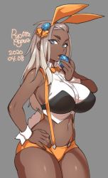Rule 34 | 1girl, 2020, agawa ryou, animal ears, artist name, bare shoulders, blue eyes, breasts, rabbit ears, rabbit tail, commentary, cowboy shot, dark skin, dark-skinned female, dated, easter egg, egg, egg hair ornament, fake animal ears, food-themed hair ornament, grey background, hair ornament, hand on own hip, large breasts, lips, long hair, looking at viewer, navel, orange shorts, original, parted lips, short shorts, shorts, signature, silver hair, simple background, solo, suspenders, tail, thick thighs, thighs