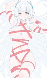 Rule 34 | 1girl, :p, arm up, armpits, bad id, bad twitter id, blue archive, bound, breasts, grey hair, headphones, large breasts, long hair, lying, naked ribbon, navel, noa (blue archive), nude, on back, one eye closed, purple eyes, red ribbon, reia 76, ribbon, ribbon bondage, sidelocks, smile, solo, tongue, tongue out, very long hair
