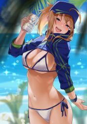 Rule 34 | 1girl, absurdres, artoria pendragon (fate), baseball cap, beach, beer can, bikini, blue hat, blue jacket, breasts, can, commentary request, cropped jacket, drink can, fate/grand order, fate (series), hair through headwear, hat, highres, jacket, large breasts, looking at viewer, mysterious heroine x (fate), mysterious heroine xx (fate), navel, ocean, open mouth, round teeth, shrug (clothing), side-tie bikini bottom, solo, stomach, suppa (hagakuresuppa), swimsuit, teeth, upper teeth only, white bikini