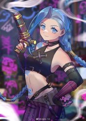 Rule 34 | 1girl, arcane: league of legends, arcane jinx, artist name, asymmetrical bangs, bare shoulders, blue eyes, blue hair, blurry, blurry background, blush, braid, breasts, closed mouth, cloud tattoo, collarbone, finger on trigger, fingerless gloves, gloves, gun, han-10, hand up, handgun, highres, holding, holding gun, holding weapon, jinx (league of legends), league of legends, long hair, looking at viewer, navel, pants, shoulder tattoo, smile, smoke, smoking barrel, solo, striped clothes, striped pants, tattoo, twin braids, weapon