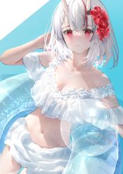 Rule 34 | 1girl, absurdres, bare shoulders, bikini, blue background, breasts, cleavage, closed mouth, commentary request, daitai sotogawa (futomomo), eyebrows hidden by hair, flower, grey hair, hair flower, hair ornament, hand up, highres, hololive, horns, innertube, looking at viewer, multicolored hair, nakiri ayame, navel, oni, red eyes, red flower, red hair, skin-covered horns, small breasts, solo, streaked hair, swim ring, swimsuit, transparent, two-tone background, virtual youtuber, wet, white background, white bikini