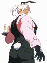 Rule 34 | 1boy, alcohol, animal ears, bara, beard, black gloves, black pants, black vest, blue eyes, champagne, champagne flute, cuff links, cup, dark-skinned male, dark skin, drinking glass, facial hair, gloves, highres, jp (street fighter), large pectorals, leotard, long hair, looking back, male focus, mature male, muscular, muscular male, mustache, old, old man, pants, pectorals, pink shirt, playboy bunny, ponytail, rabbit ears, rabbit tail, sa1k0p, shirt, solo, street fighter, street fighter 6, tail, thick eyebrows, thick mustache, tray, vest, white background, white hair
