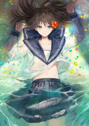 Rule 34 | 1girl, beach, blue eyes, blue sailor collar, brown hair, closed mouth, cowboy shot, fish, flower, hair flower, hair ornament, hair spread out, highres, hoojiro, long sleeves, looking at viewer, lying, midriff, navel, on back, original, partially submerged, red flower, sailor collar, school uniform, serafuku, shirt, signature, skirt, smile, solo, string, string of fate, torn clothes, torn skirt, water, wet, wet clothes, wet shirt, white shirt