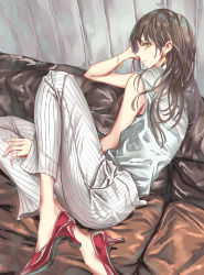 Rule 34 | 1girl, absurdres, brown hair, couch, earrings, high heels, highres, jewelry, long hair, looking at viewer, lying, on side, original, pants, pumps, red footwear, shirt, solo, striped clothes, striped pants, sun (sunsun28), white shirt