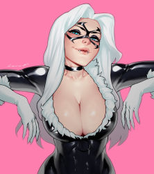 Rule 34 | 1girl, aleriia v, artist name, black cat (marvel), black choker, blue eyes, bodysuit, breasts, choker, cleavage, collarbone, domino mask, fangs, felicia hardy, freckles, fur trim, gloves, hair intakes, highres, large breasts, lips, long hair, looking at viewer, marvel, mask, o-ring, parted lips, pink background, shiny clothes, signature, simple background, smile, solo, spider-man (series), upper body, white gloves, white hair