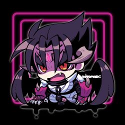 Rule 34 | 1boy, angry, bandages, black hair, black wings, chain, chibi, devil jin, fang, forehead jewel, grey horns, horns, kazama jin, kotorai, looking ahead, male focus, no nose, on one knee, open mouth, shaded face, short hair, signature, solo, studded gloves, tekken, thick eyebrows, v-shaped eyebrows, wings