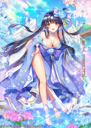 Rule 34 | 1girl, :d, angel wings, apple caramel, barefoot, black hair, blue kimono, blue sky, blunt bangs, bow, breasts, cherry blossoms, cleavage, cloud, collarbone, day, feathered wings, flower, full body, hair bow, hair flower, hair ornament, hands on own hips, highres, japanese clothes, kimono, lace, lace-trimmed kimono, lace trim, large breasts, leaning forward, light particles, light rays, long hair, looking at viewer, multicolored hair, obi, off shoulder, official art, open mouth, original, outdoors, purple hair, red eyes, sash, sidelocks, sky, smile, solo, sparkle, sunlight, thighs, toes, unleashed, very long hair, water drop, watermark, wet, wings
