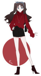 Rule 34 | 1girl, adapted costume, black bag, black hair, black skirt, blue hair, boots, brown footwear, character name, commentary request, cross, earrings, fate/stay night, fate (series), full body, grey hairband, hairband, hand on own hip, high heel boots, high heels, jewelry, karasaki, long hair, long sleeves, looking at viewer, nail polish, parted bangs, parted lips, red nails, red sweater, simple background, skirt, sleeves past wrists, solo, standing, sweater, tohsaka rin, turtleneck, turtleneck sweater, two side up, white background