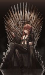 Rule 34 | 1girl, a song of ice and fire, absurdres, black bra, black footwear, black jacket, black pants, bra, braid, braided ponytail, chainsaw man, collar, commentary, commission, crossed legs, english commentary, game of thrones, gold can, hair over shoulder, highres, holding, holding collar, iron throne, jacket, leash, looking at viewer, makima (chainsaw man), medium hair, pants, red hair, ringed eyes, sidelocks, solo, sword, throne, underwear, weapon, yellow eyes