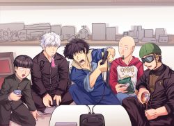 Rule 34 | 10s, 5boys, absurdres, bald, black hair, bowl cut, commentary request, cowboy bebop, crossover, eating, gintama, goggles, highres, holding, holding phone, hood, hoodie, kageyama shigeo, melisaongmiqin, mob psycho 100, multiple boys, multiple crossover, mumen rider, one-punch man, oppai hoodie, phone, playing games, saitama (one-punch man), sakata gintoki, spike spiegel, white hair