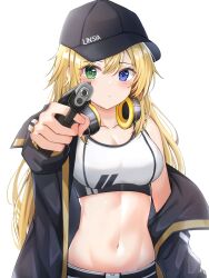 Rule 34 | 1girl, absurdres, aiming, aiming at viewer, artist request, bare shoulders, baseball cap, black hat, black jacket, blonde hair, blue eyes, breasts, collarbone, crop top, expressionless, green eyes, gun, handgun, hat, headphones, headphones around neck, heterochromia, highres, holding, holding gun, holding weapon, jacket, long hair, long sleeves, looking at viewer, medium breasts, midriff, mismatched pupils, navel, off shoulder, open clothes, open jacket, original, shirt, simple background, sleeveless, sleeveless shirt, solo, sports bra, stomach, upper body, weapon, white background, white shirt