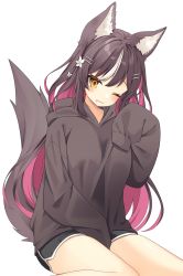 Rule 34 | 1girl, animal ear fluff, animal ears, bad id, bad twitter id, black hoodie, blush, brown hair, chisaka airi, collarbone, commentary, commission, dolphin shorts, drooling, flower, hair flower, hair ornament, hairclip, highres, hood, hoodie, multicolored hair, one eye closed, phase connect, pink hair, sentouryoku 5, shorts, simple background, sitting, skeb commission, sleeves past fingers, sleeves past wrists, solo, streaked hair, tail, thighs, very long sleeves, virtual youtuber, waking up, wariza, white background, wolf ears, wolf girl, wolf tail