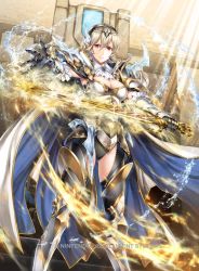 Rule 34 | 1girl, armor, breasts, cape, cleavage, closed mouth, company name, copyright name, corrin (female) (fire emblem), corrin (fire emblem), fire emblem, fire emblem cipher, fire emblem fates, holding, holding sword, holding weapon, long hair, nintendo, official art, pointy ears, red eyes, solo, sword, thighs, tiara, weapon, white hair, yamada koutarou, yato (fire emblem)