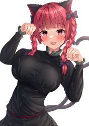 Rule 34 | 1girl, animal ears, black bow, black dress, blush, bow, braid, breasts, cat ears, cat tail, dress, fang, fingernails, hair bow, highres, kaenbyou rin, large breasts, long hair, long sleeves, multiple tails, open mouth, red eyes, red hair, reijing etrn, simple background, smile, solo, tail, touhou, twin braids, two tails, white background
