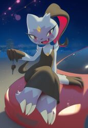 Rule 34 | absurdres, black dress, car, clothed pokemon, creatures (company), dress, furry, furry female, game freak, highres, holding, holding key, inkune, key, looking at viewer, motor vehicle, night, night sky, nintendo, no humans, open mouth, outdoors, pokemon, pokemon (creature), sky, sneasler, solo
