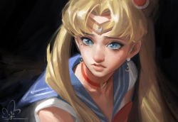 Rule 34 | 1girl, absurdres, bishoujo senshi sailor moon, bishoujo senshi sailor moon s, blue eyes, chen zhang, choker, circlet, crescent, crescent earrings, crying, crying with eyes open, earrings, heart, heart choker, highres, jewelry, long hair, meme, painterly, parted bangs, parted lips, pink lips, red choker, sailor moon, sailor moon redraw challenge (meme), signature, solo, tears, tsukino usagi, twintails, upper body