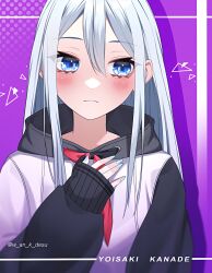 Rule 34 | 1girl, blue eyes, blush, character name, expressionless, fingernails, hand on own chest, highres, hood, hoodie, long fingernails, long hair, long sleeves, looking to the side, nail polish, neckerchief, project sekai, purple background, sleeves past wrists, solo, upper body, wanko (yurika0320), yoisaki kanade
