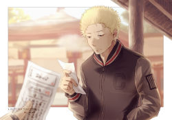 Rule 34 | 1boy, ahiru no sora, architecture, blonde hair, blurry, blurry background, dated, east asian architecture, frown, hanazono momoharu, hand in pocket, jacket, long sleeves, male focus, messy hair, outdoors, solo focus, twitter username, upper body, uwoyuz