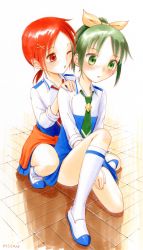 Rule 34 | 10s, 2girls, ;o, bad id, bad pixiv id, blush, clothes around waist, green eyes, green hair, green necktie, hair ornament, hands on shoulders, highres, hino akane (smile precure!), midorikawa nao, multiple girls, necktie, one eye closed, open mouth, ponytail, precure, red eyes, red hair, short hair, sleeves rolled up, smile precure!, sweater, sweater around waist, tied sweater, watayuki, wink