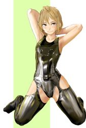 Rule 34 | 1girl, armpits, arms behind head, bare arms, black leotard, black thighhighs, blonde hair, blush, breasts, brown eyes, closed mouth, commentary request, freckles, full body, green background, hands up, highres, kilye kairi, kneeling, latex, latex leotard, leotard, looking at viewer, original, small breasts, smile, solo, thighhighs, two-tone background, white background