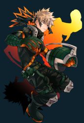 Rule 34 | 1boy, bakugou katsuki, belt, black bodysuit, black mask, blonde hair, blue background, bodysuit, boku no hero academia, boots, cai (caiirocai), closed mouth, commentary request, eye mask, frown, gloves, green belt, green footwear, green gloves, knee pads, looking at viewer, male focus, multicolored clothes, multicolored gloves, orange gloves, red eyes, short hair, simple background, solo, spiked hair, torn mask