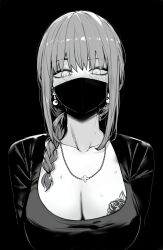 Rule 34 | absurdres, black background, blush, braid, braided ponytail, breasts, chainsaw man, chest tattoo, cleavage, earrings, flower tattoo, greyscale, highres, jewelry, large breasts, makima (chainsaw man), mask, masoq, monochrome, mouth mask, necklace, ninja mask, portrait, ringed eyes, sweat, swept bangs, tagme, tattoo
