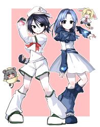 Rule 34 | 4girls, algodoo, alice margatroid, anchor symbol, animal ears, arm warmers, arrow (symbol), ass, black eyes, black gloves, black hair, blonde hair, blouse, blue dress, blue footwear, blue hair, blue hood, blush, bow, bowtie, capelet, chibi, clenched hand, closed eyes, closed mouth, colored skin, commentary request, cookie (touhou), cosplay, crop top, cure black, cure black (cosplay), cure white, cure white (cosplay), dress, egg costume, fingerless gloves, flour (cookie), full body, futari wa precure, gloves, hair between eyes, hat, heart, highres, hood, hood down, ichigo (cookie), kumoi ichirin, leg warmers, long hair, looking at viewer, midriff, milk (cookie), mouse ears, mouse girl, mouse tail, multiple girls, murasa minamitsu, navel, nazrin, nyon (cookie), open mouth, outline, parted bangs, pink background, precure, red bow, red bowtie, red eyes, sailor hat, shimosuke, shirt, shoes, short hair, smile, standing, tail, touhou, two-tone background, white background, white capelet, white dress, white footwear, white headwear, white outline, white shirt, white skin