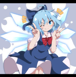 Rule 34 | 1girl, ;d, ahoge, blue bow, blue dress, blue eyes, blue hair, blush, bow, bowtie, cirno, commentary, cowboy shot, do (4-rt), double v, dress, fang, fang out, hair between eyes, hair bow, highres, ice, ice wings, large bow, letterboxed, looking at viewer, one eye closed, open mouth, puffy short sleeves, puffy sleeves, red bow, red bowtie, short hair, short sleeves, simple background, smile, solo, touhou, v, v-shaped eyebrows, wings