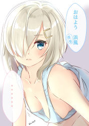 Rule 34 | ..., 1girl, alternate costume, bare shoulders, blue eyes, bouncing breasts, breasts, cleavage, closed mouth, collarbone, commentary request, downblouse, gradient background, grey background, hair ornament, hair over one eye, hairclip, hamakaze (kancolle), hanging breasts, kantai collection, large breasts, looking at viewer, motion lines, nagi (shunsuke-manage), no bra, short hair, silver hair, sleeveless, solo, tank top, translation request, twitter username