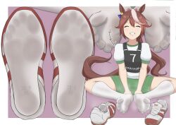 Rule 34 | 1girl, absurdres, animal ears, blush, border, bow, braid, breasts, brown hair, closed eyes, commentary request, crossed legs, ear bow, facing viewer, feet, footprints, french braid, green shorts, grin, gym uniform, highres, horse ears, horse girl, horse tail, looking at viewer, medium breasts, no shoes, on ground, original race uniform (umamusume), puffy short sleeves, puffy sleeves, purple background, race bib, shirt, shoe soles, shoes, short hair, short sleeves, shorts, simple background, sitting, smile, socks, soles, solo, tail, tokai teio (umamusume), treadml, umamusume, unworn shoes, v, white border, white shirt, white socks