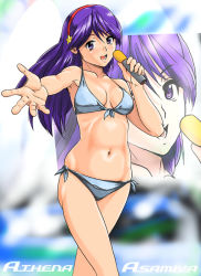Rule 34 | 1girl, asamiya athena, bikini, breasts, cleavage, grin, legs, long hair, looking at viewer, microphone, music, navel, psycho soldier, purple hair, singing, smile, snk, solo, swimsuit, the king of fighters