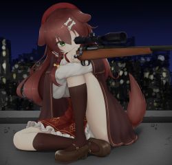 Rule 34 | 1girl, absurdres, animal ears, bad id, bad pixiv id, beret, bolt action, braid, brown cape, brown footwear, brown hair, brown skirt, brown socks, cape, cartoon bone, commentary request, dog ears, dog girl, dog tail, green eyes, gun, hair ornament, hairclip, hat, highres, hololive, inugami korone, inugami korone (street), kneehighs, lunch boxer, night, one eye closed, panties, pantyshot, rifle, shoes, sitting, skirt, sniper rifle, socks, solo, tail, underwear, virtual youtuber, weapon, white panties