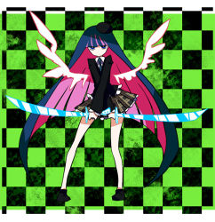 Rule 34 | 10s, 1girl, beret, blue eyes, checkered background, colored inner hair, dual wielding, hat, holding, kintaro, long hair, multicolored hair, necktie, panty &amp; stocking with garterbelt, skirt, solo, stocking (psg), stripes i &amp; ii, sword, two-tone hair, very long hair, weapon, wings