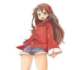 Rule 34 | 00s, 1girl, arima miyako, bad id, bad pixiv id, bow, brown hair, chinese clothes, cutoffs, denim, denim shorts, female focus, flat chest, green eyes, hair bow, highres, long hair, melty blood, shorts, simple background, smile, solo, standing, tangzhuang, tsukihime, warumono tomii, white background