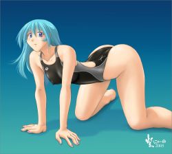 Rule 34 | 1girl, arena (company), arm support, blue background, blue eyes, blue hair, competition swimsuit, covered erect nipples, gradient background, high cut kingdom, nyanko batake, one-piece swimsuit, solo, swimsuit
