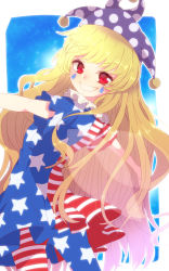 Rule 34 | 1girl, american flag dress, american flag legwear, aoi (annbi), blonde hair, clownpiece, cowboy shot, dress, facial mark, grin, hat, highres, jester cap, long hair, looking at viewer, looking back, neck ruff, outstretched arms, polka dot, red eyes, short dress, short sleeves, smile, solo, standing, star (symbol), star print, teeth, touhou, very long hair